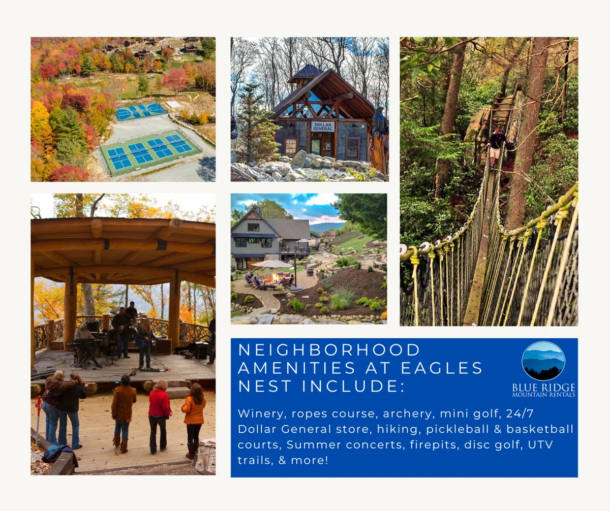 This vibrant exterior scene captures several of the community's signature resort-style amenities: a ropes course, archery area, mini golf course, and an open-air summer concert stage bordered by picnic areas and scenic hiking trails. The setting is alive with people enjoying concerts, playing sports, and gathering for family picnics, all surrounded by lush greenery and hints of fall color.